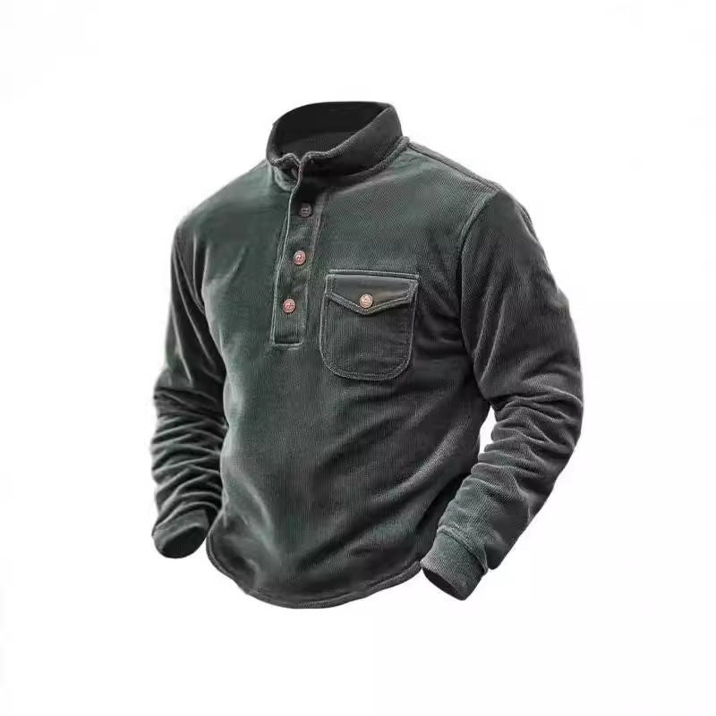 Herren Warmhaltendes Kord-Pullover mit Knopfleiste und Brusttasche R&B