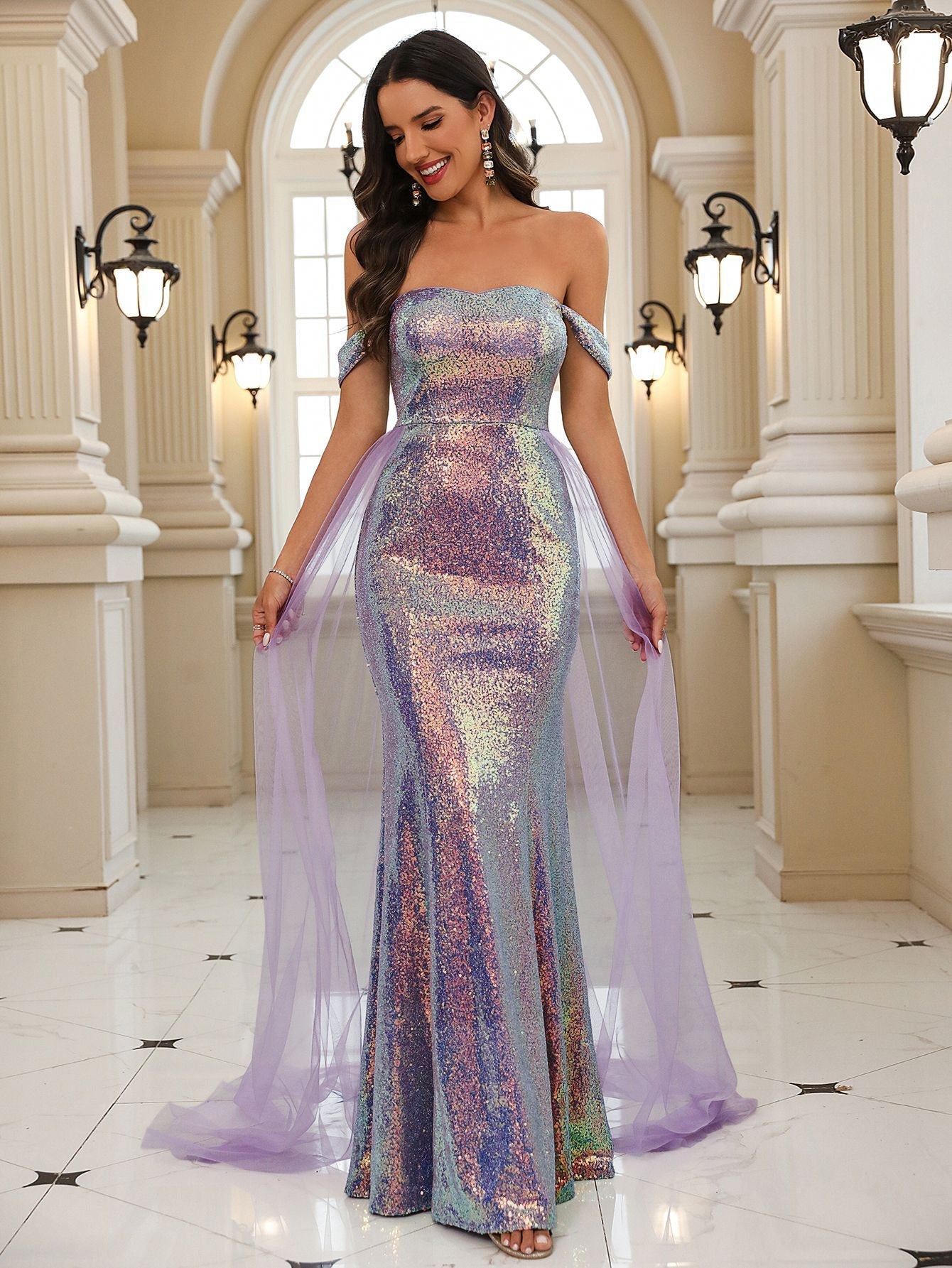 Damen Glamouröses Abendkleid mit schimmerndem Glitzer und Tüllakzenten R&B