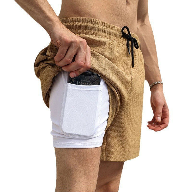 Herren nan zweilagige Badeshorts mit integrierter Kompressions-Innenhose und versteckter Handytasche R&B