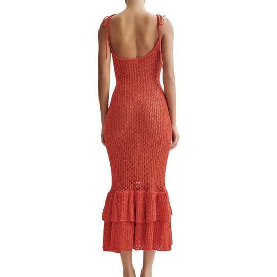 Damen Häkel-Maxikleid mit Volant und verstellbaren Trägern R&B