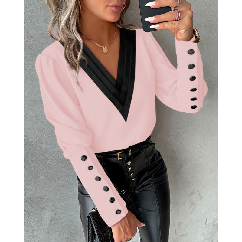 Damen Bluse mit V-Ausschnitt und eleganten Puffärmeln R&B