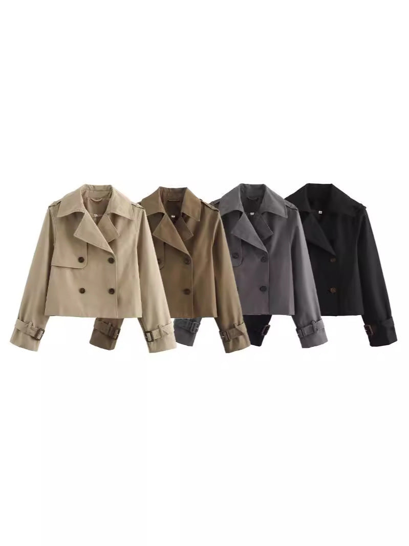 Damen cropped Trenchjacke mit doppelter Knopfleiste und verstellbaren Ärmeln R&B