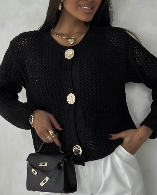Damen luftiger Strickjacke mit dekorativem Netzdesign und praktischen Taschen R&B
