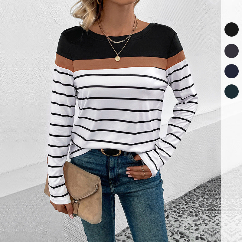 Damen Langarmshirt mit modischem Streifenmuster und kontrastierendem Oberteil R&B