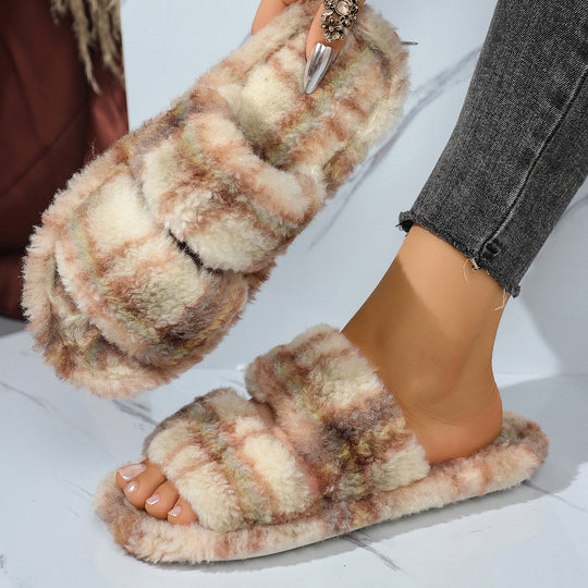 Damen bequeme Hausschuhe aus flauschigem Material mit doppeltem Riemen R&B