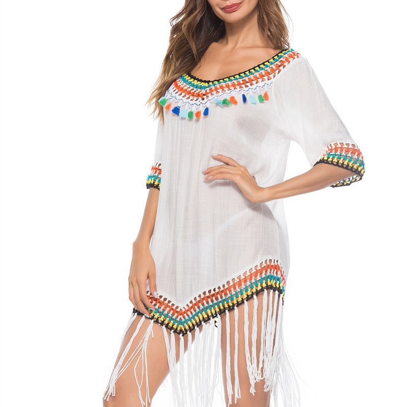 Damen Strandüberwurfkleid mit fransigem Saum und buntem Häkelmuster R&B