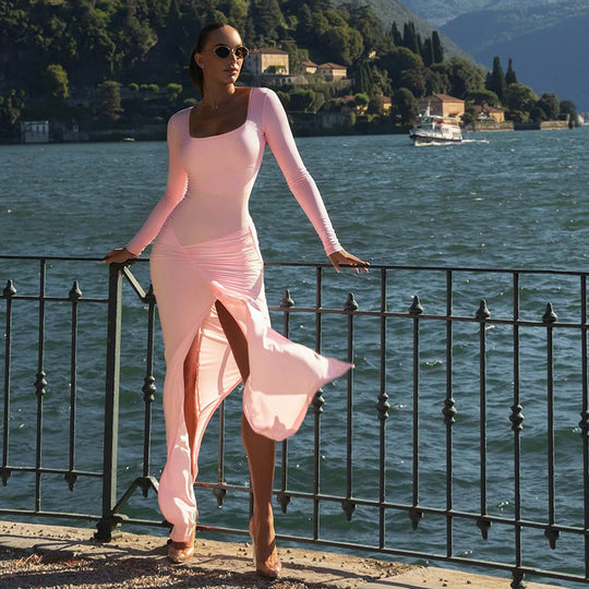 Damen figurbetontes Langarmkleid mit asymmetrischem Schlitz und Drapierungen R&B