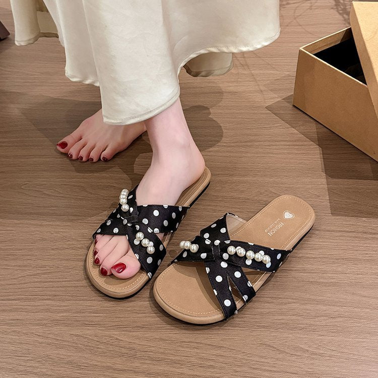 Damen dekorative Pantoletten mit Perlenschmuck R&B