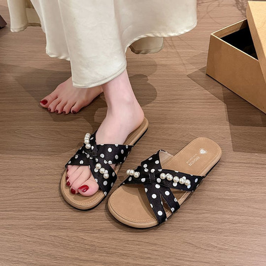 Damen dekorative Pantoletten mit Perlenschmuck R&B
