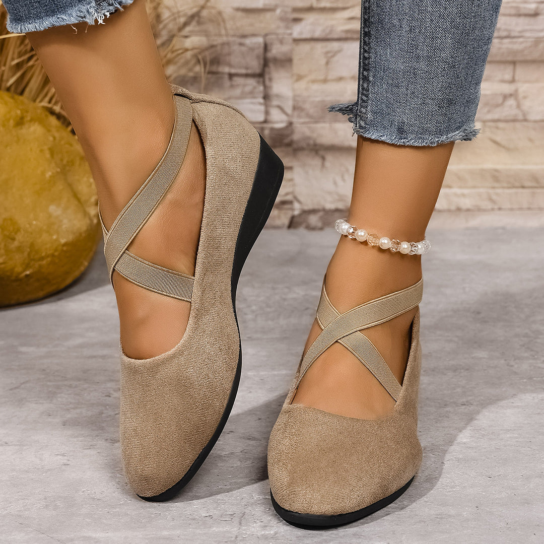 Damen elegante Ballerinas mit modischen Kreuzriemen und bequemem Wedge-Absatz R&B