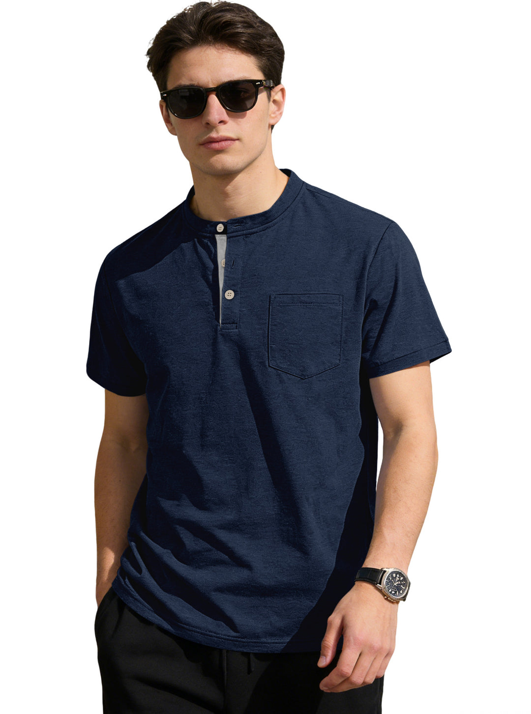Herren nan strukturiertes Baumwoll-Henleyshirt mit kurzem Stehkragen Knopfleiste und Brusttasche R&B