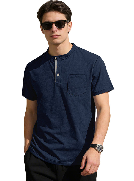 Herren nan strukturiertes Baumwoll-Henleyshirt mit kurzem Stehkragen Knopfleiste und Brusttasche R&B