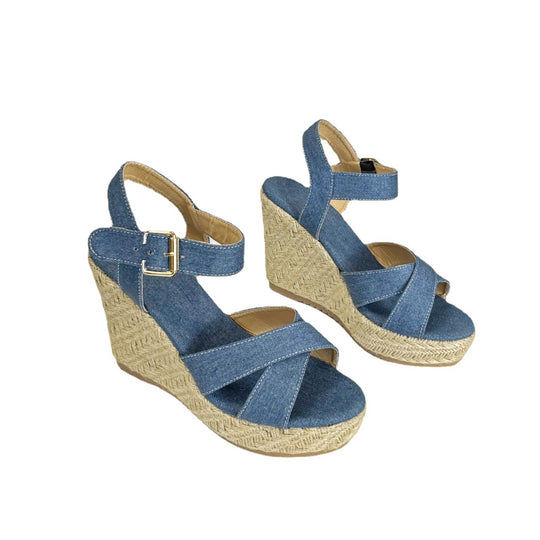 Damen nan Keil-Espadrille-Sandale mit geflochtener Juteplattform, gekreuzten Textilriemen und verstellbarer Metallschnalle R&B