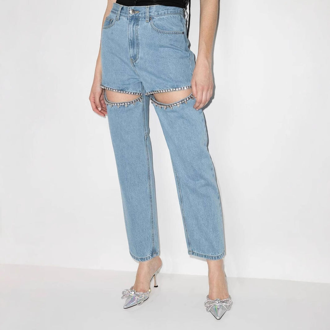 Damen ripped Jeans mit strassbesetzten Schnittstellen R&B
