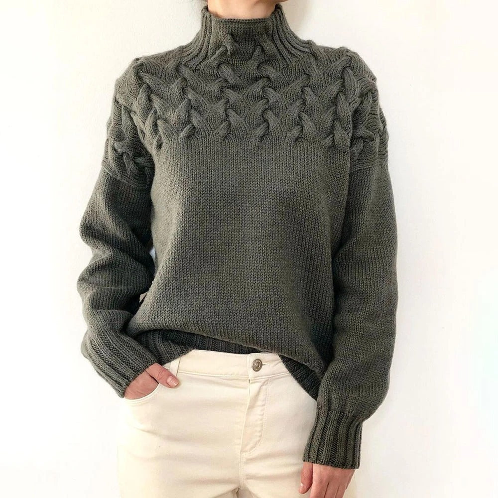 Damen Strickpullover mit hochgeschlossenem Kragen und trendigem Zopfmuster R&B