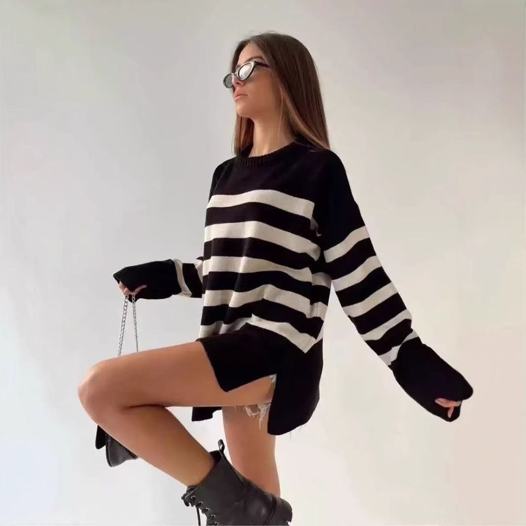 Damen Oversized Strickpullover mit modischem Streifenmuster und detailreicher Rippstruktur R&B