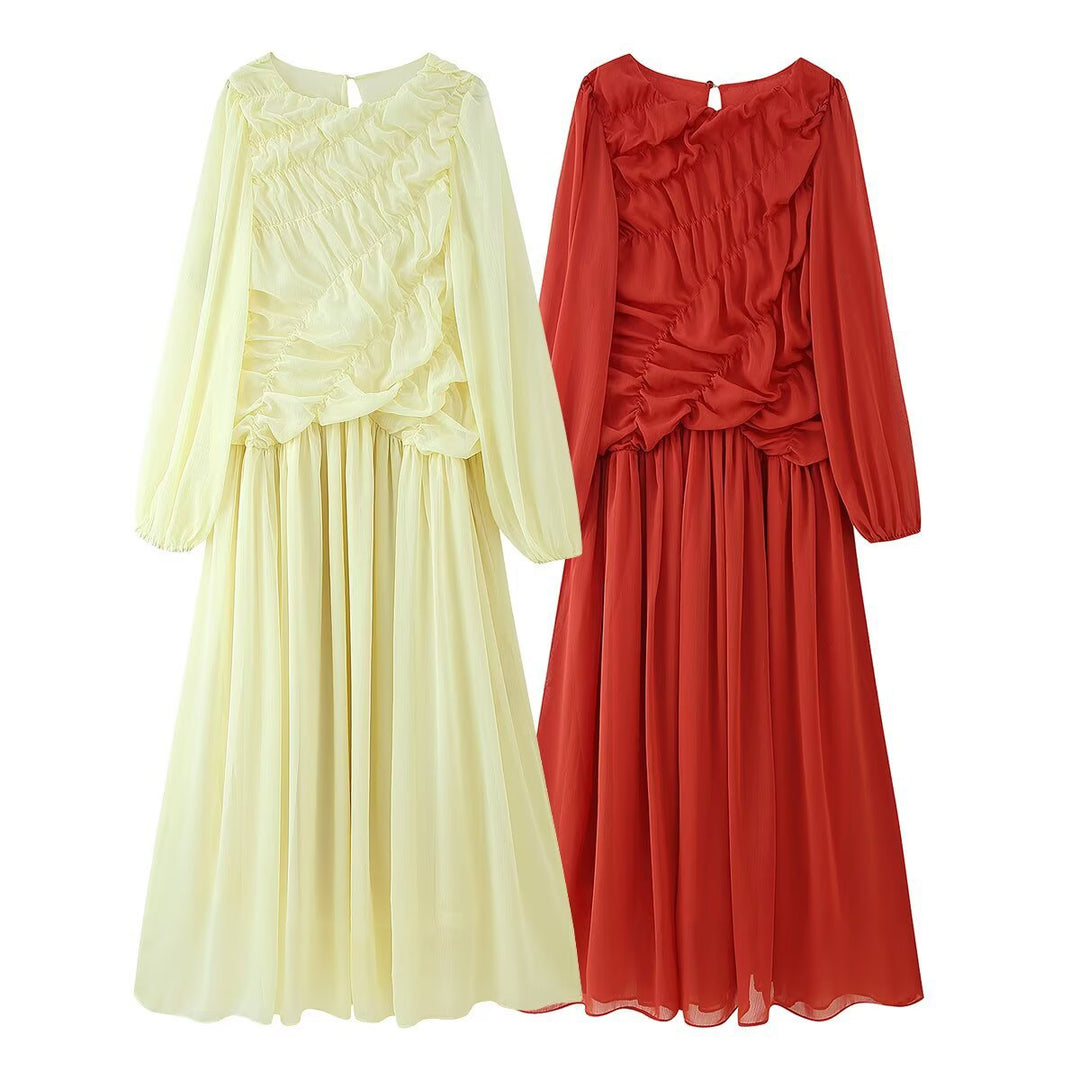 Damen Maxikleid mit eleganter Raffung und voluminösen Ärmeln R&B