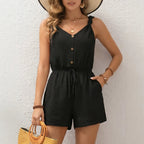 Damen lässiger Jumpsuit mit knöpfbarem V-Ausschnitt und elastischem Bund R&B