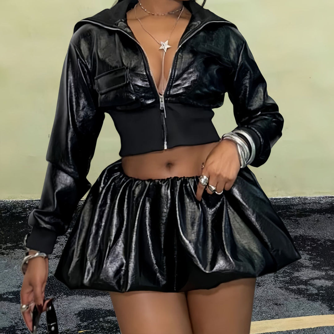 Damen Kurzjacke mit glänzendem Finish und elastischem Bund R&B