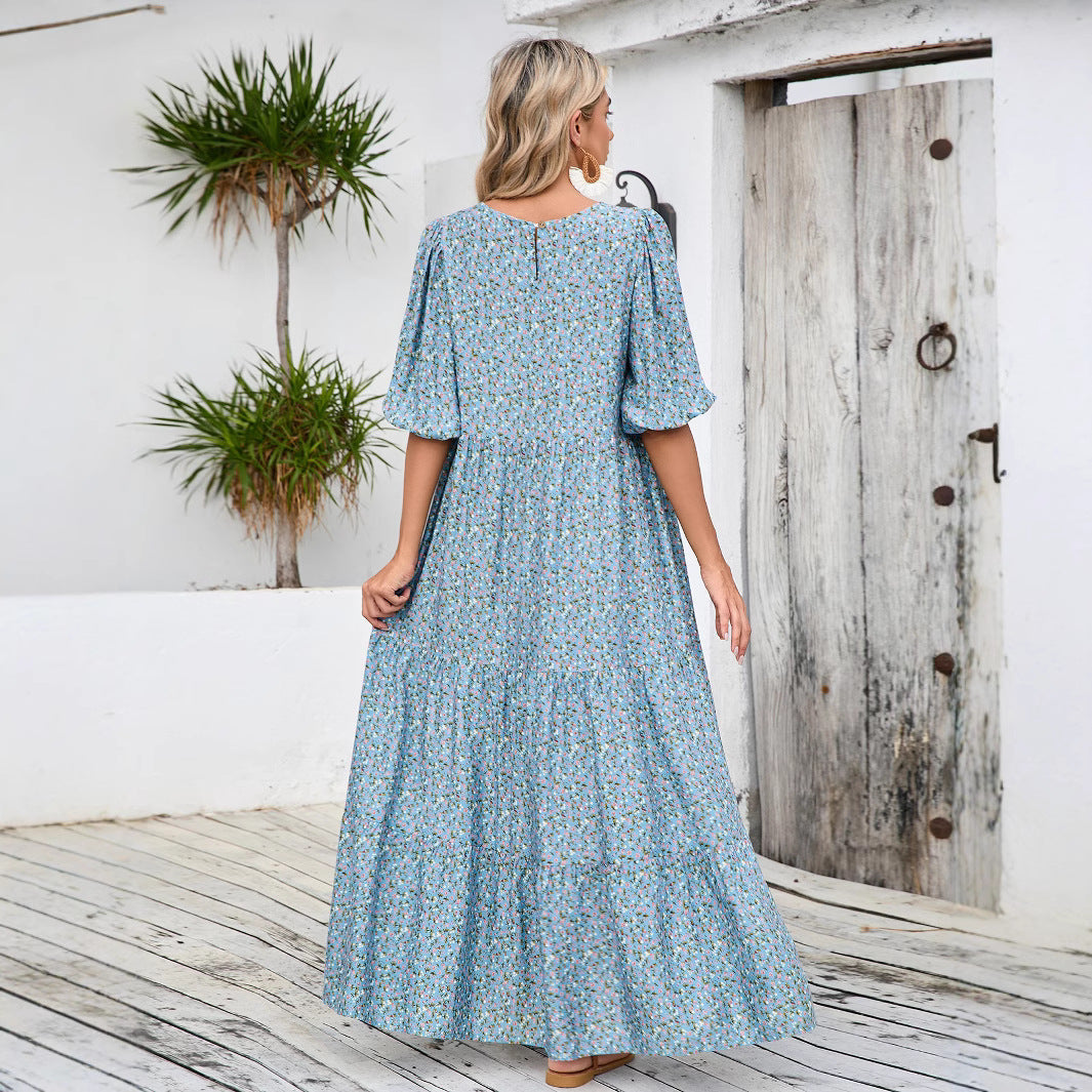 Damen Maxikleid mit Puffärmeln und voluminösem Saum R&B