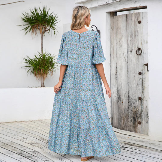 Damen Maxikleid mit Puffärmeln und voluminösem Saum R&B