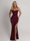 Damen Abendkleid mit schimmerndem Paillettenbesatz und verführerischem Schlitz EB