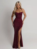 Damen Abendkleid mit schimmerndem Paillettenbesatz und verführerischem Schlitz EB