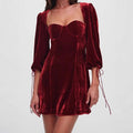 Damen Kurzes Samtkleid mit Puffärmeln und quadratischem Ausschnitt R&B