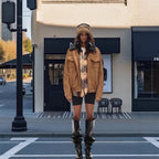Damen Trendige Suede Jacke mit abnehmbarem Pelzkragen R&B