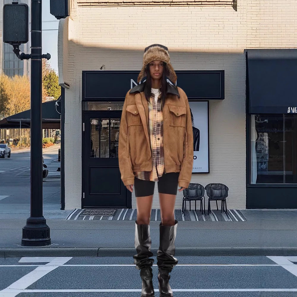 Damen Trendige Suede Jacke mit abnehmbarem Pelzkragen R&B
