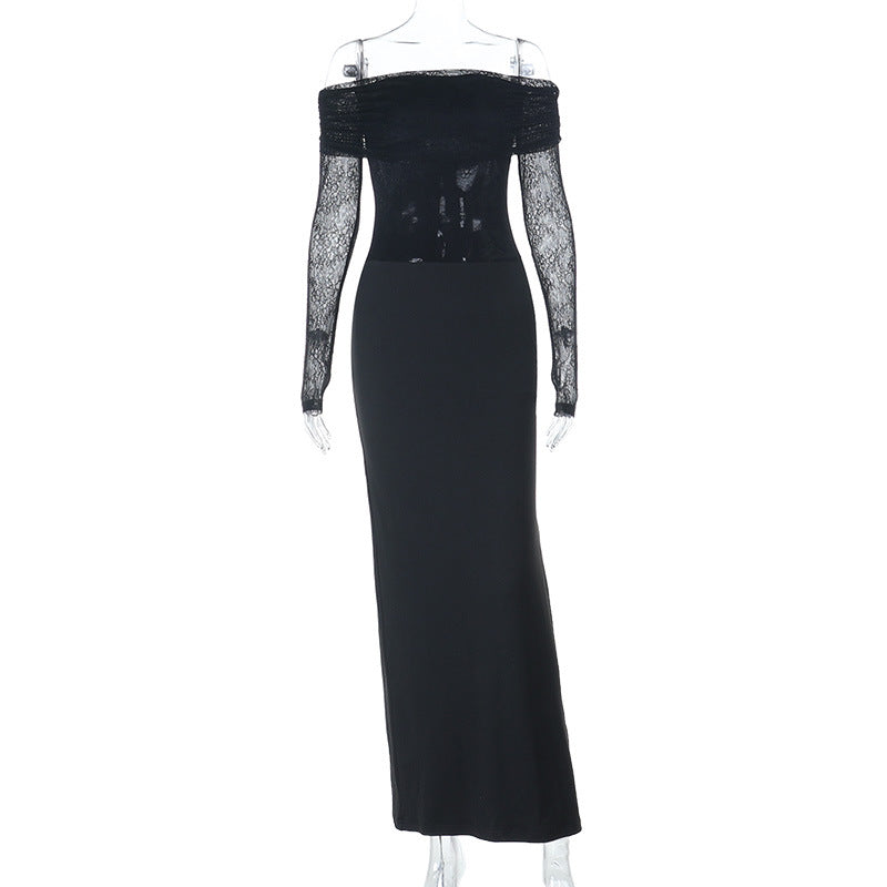 Damen schulterfreies Abendkleid mit Spitzenärmeln und langer Silhouette R&B
