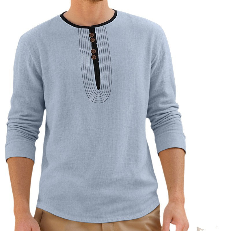 Herren nan lässiges Leinenmix-Langarmshirt mit dekorativer Knopfleiste und Ziersteppung R&B