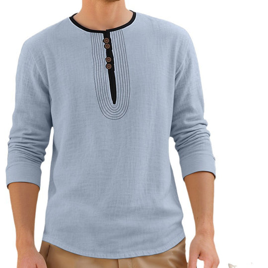 Herren nan lässiges Leinenmix-Langarmshirt mit dekorativer Knopfleiste und Ziersteppung R&B