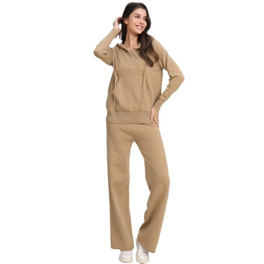 Damen lässiges Strick-Loungewear-Set mit Kapuze und weitem Bein R&B