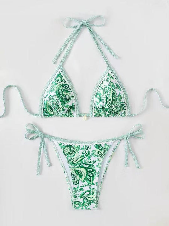 Damen Triangel-Bikini mit floralem Muster und verstellbaren Bindebändern R&B