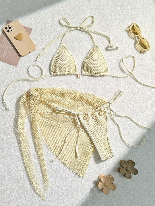 Damen Triangel-Bikini mit transparentem Netzgewebe und Schnürdetails R&B