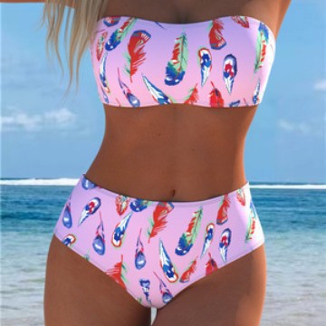 Damen Bandeau-Bikini mit einzigartigem Federmuster und hohem Taillenschnitt R&B