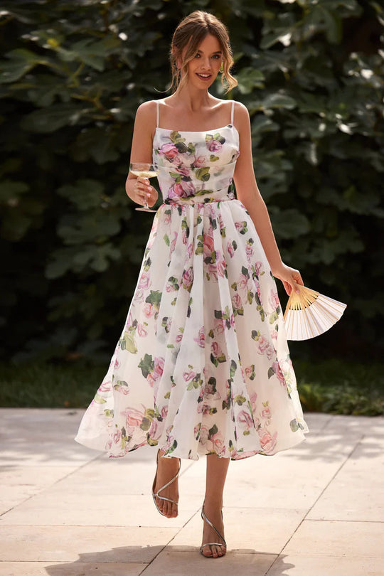 Damen Midi-Kleid mit elegantem Chiffon und floralen Applikationen R&B
