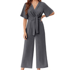 Damen eleganter Wickel-Jumpsuit mit weiten Beinen und Taillengürtel R&B
