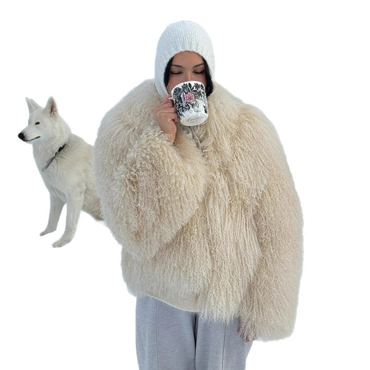 Damen luxuriöse Kunstfelljacke mit voluminösen Ärmeln R&B