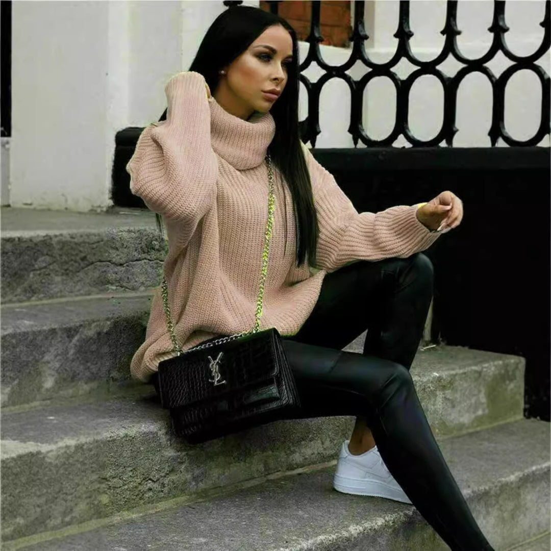 Damen Oversized Strickpullover mit hohem Kragen und modernem Schnitt R&B