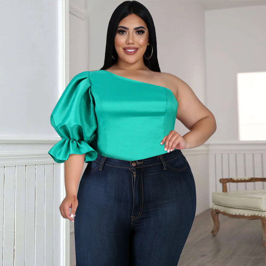 Damen Bluse mit asymmetrischem Ausschnitt und voluminösen Puffärmeln R&B