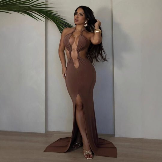 Damen aufregendes Maxikleid mit tiefem V-Ausschnitt und eleganten Raffungselementen R&B