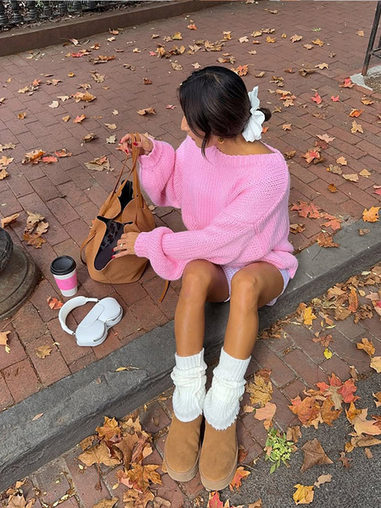 Damen lässiger Strickpullover mit weit geschnittenen Ärmeln R&B