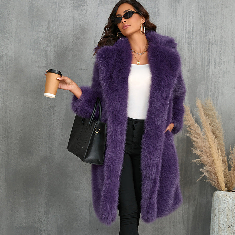 Damen Eleganter Kunstpelzmantel mit breitem Revers und lockerem Schnitt R&B
