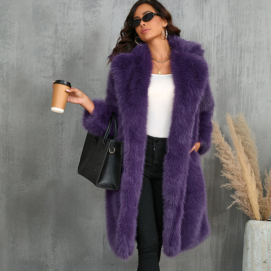 Damen Eleganter Kunstpelzmantel mit breitem Revers und lockerem Schnitt R&B