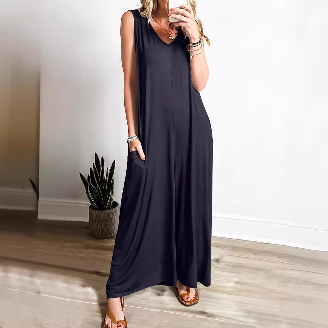 Damen ärmelloses Maxikleid mit seitlichen Taschen und fließender Silhouette R&B