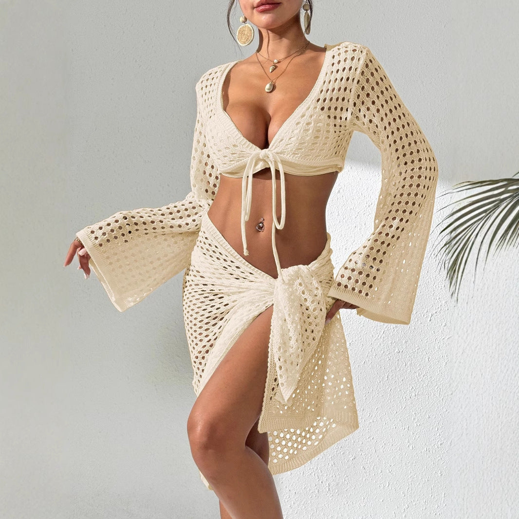 Damen luftiges Häkel-Set mit V-Ausschnitt und langen Ärmeln R&B