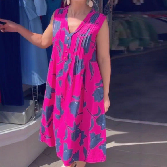 Damen nan lässiges V-Ausschnitt-Midikleid mit Brustpasse, senkrechten Falten und dekorativer Knopfleiste R&B