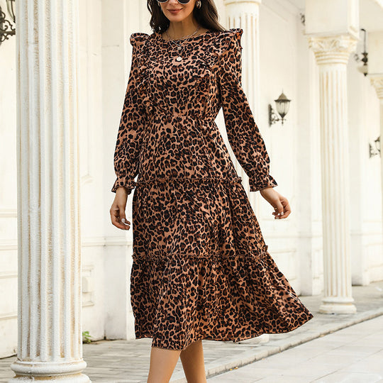 Damen Maxikleid mit raffinierten Rüschendetails und modischem Tiermuster R&B